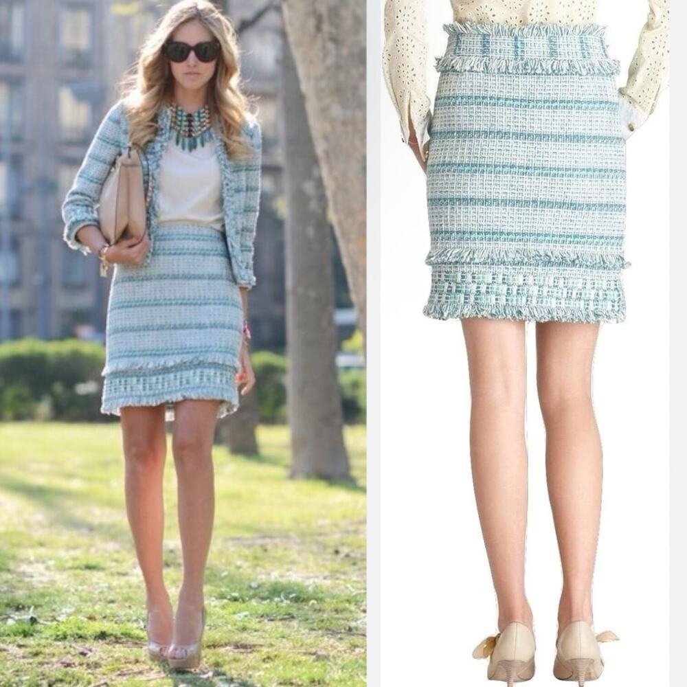 New $375 TORY BURCH Nora Tweed Pencil Skirt Embellished Turquoise Fringe Trim 10